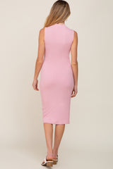 Pink Ribbed Mock Neck Maternity Midi Dress