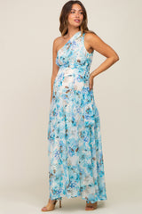 Blue Floral Chiffon One Shoulder Maternity Maxi Dress