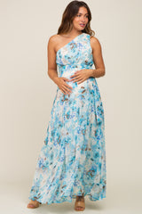 Blue Floral Chiffon One Shoulder Maternity Maxi Dress