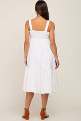 White Textured Striped Tiered Maternity Midi Dress