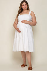 White Textured Striped Tiered Maternity Plus Midi Dress