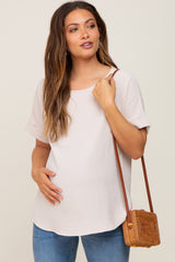 Beige Rolled Cuff Short Sleeve Maternity Blouse