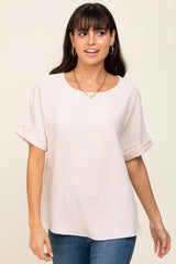 Beige Rolled Cuff Short Sleeve Maternity Blouse