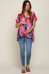 Blue Satin V-Neck Short Dolman Sleeve Maternity Top