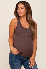 Brown Ribbed Button Front Maternity Tank Top