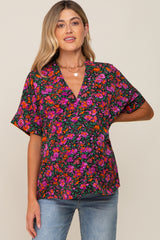 Black Floral V-Neck Short Dolman Sleeve Maternity Top