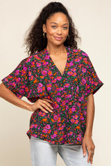 Black Floral V-Neck Short Dolman Sleeve Top