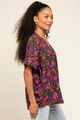 Black Floral V-Neck Short Dolman Sleeve Top