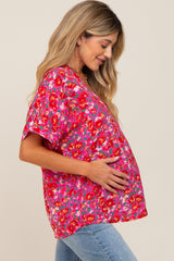 Fuchsia Floral V-Neck Short Dolman Sleeve Maternity Top