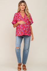 Fuchsia Floral V-Neck Short Dolman Sleeve Maternity Top