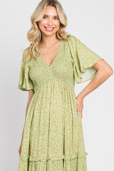 Sage Floral Ruffle Accent Tiered Midi Dress