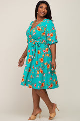 Mint Green Floral Wrap Front V-Neck Plus Dress