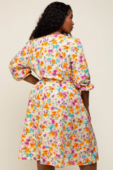 Yellow Floral 3/4 Sleeve Wrap Plus Dress