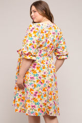 Yellow Floral 3/4 Sleeve Wrap Maternity Plus Dress