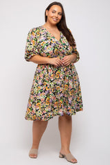 Black Floral 3/4 Sleeve Wrap Maternity Plus Dress