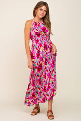 Magenta Floral Halter Shirred Maxi Dress