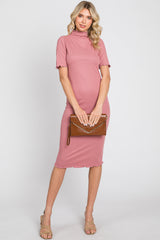 Pink Ribbed Mock Neck Fitted Maternity Midi Dress