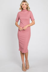 Pink Ribbed Mock Neck Fitted Midi Dress