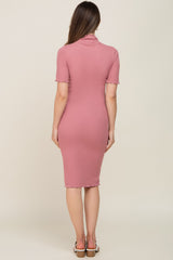 Pink Ribbed Mock Neck Fitted Maternity Midi Dress