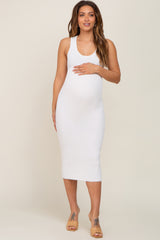 White Ribbed Low Back Cut Out Sleeveless Maternity Midi Dress