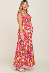 Fuchsia Multi-Color Floral Sleeveless Smocked Tiered Maternity Maxi Dress