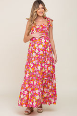 Fuchsia Multi-Color Floral Sleeveless Smocked Tiered Maternity Maxi Dress