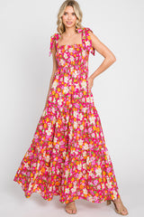 Fuchsia Multi-Color Floral Sleeveless Smocked Tiered Maternity Maxi Dress