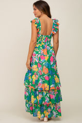 Green Floral Chiffon Square Neck Ruffle Maternity Maxi Dress