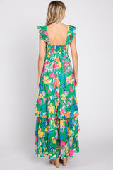 Green Floral Chiffon Square Neck Ruffle Maxi Dress