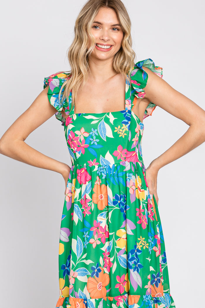 Green Floral Chiffon Square Neck Ruffle Maxi Dress