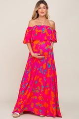 Fuchsia Floral Strapless Flounce Maternity Maxi Dress