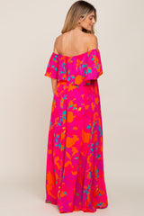 Fuchsia Floral Strapless Flounce Maternity Maxi Dress