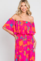 Fuchsia Floral Strapless Flounce Maxi Dress