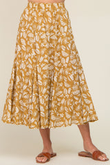 Mustard Floral Pleated Midi Skirt