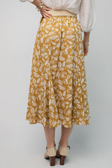 Mustard Floral Pleated Midi Skirt