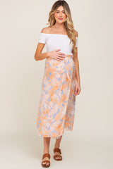 Peach Leaf Print Overlap Maternity Midi Skirt