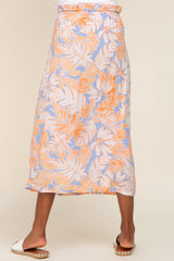 Peach Leaf Print Overlap Midi Skirt