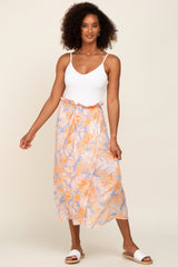 Peach Leaf Print Overlap Midi Skirt