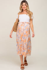 Peach Leaf Print Overlap Maternity Midi Skirt