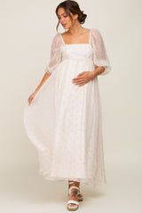 Cream Floral Square Neck Puff Sleeve Organza Maternity Maxi Dress