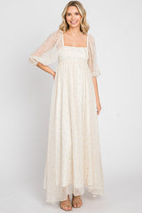 Cream Floral Square Neck Puff Sleeve Organza Maternity Maxi Dress