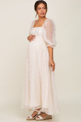 Cream Floral Square Neck Puff Sleeve Organza Maternity Maxi Dress