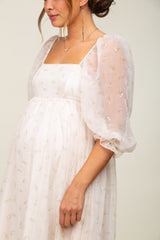 Cream Floral Square Neck Puff Sleeve Organza Maternity Maxi Dress