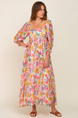 Pink Floral Shimmer Chiffon Square Neck 3/4 Sleeve Maternity Maxi Dress