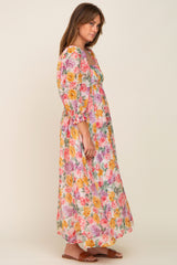 Pink Floral Shimmer Chiffon Square Neck 3/4 Sleeve Maxi Dress