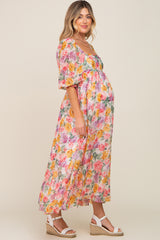 Pink Floral Shimmer Chiffon Square Neck 3/4 Sleeve Maternity Maxi Dress