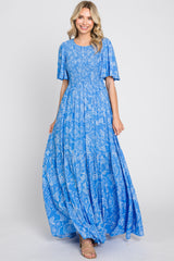 Blue Floral Flounce Sleeve Maxi Dress