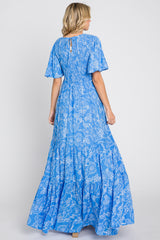 Blue Floral Flounce Sleeve Maxi Dress