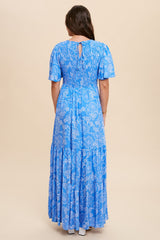 Blue Floral Flounce Sleeve Maxi Dress