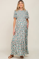 Green Floral Smocked Tiered Maternity Maxi Dress